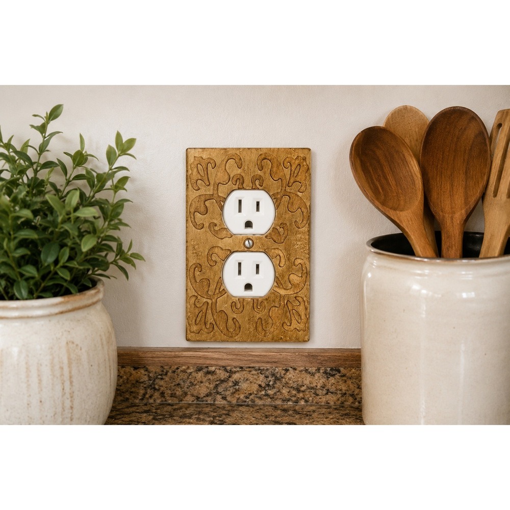Vtg NOS GE Decorator Outlet Wall Plate Polystone Scroll Tan Decorative Cover